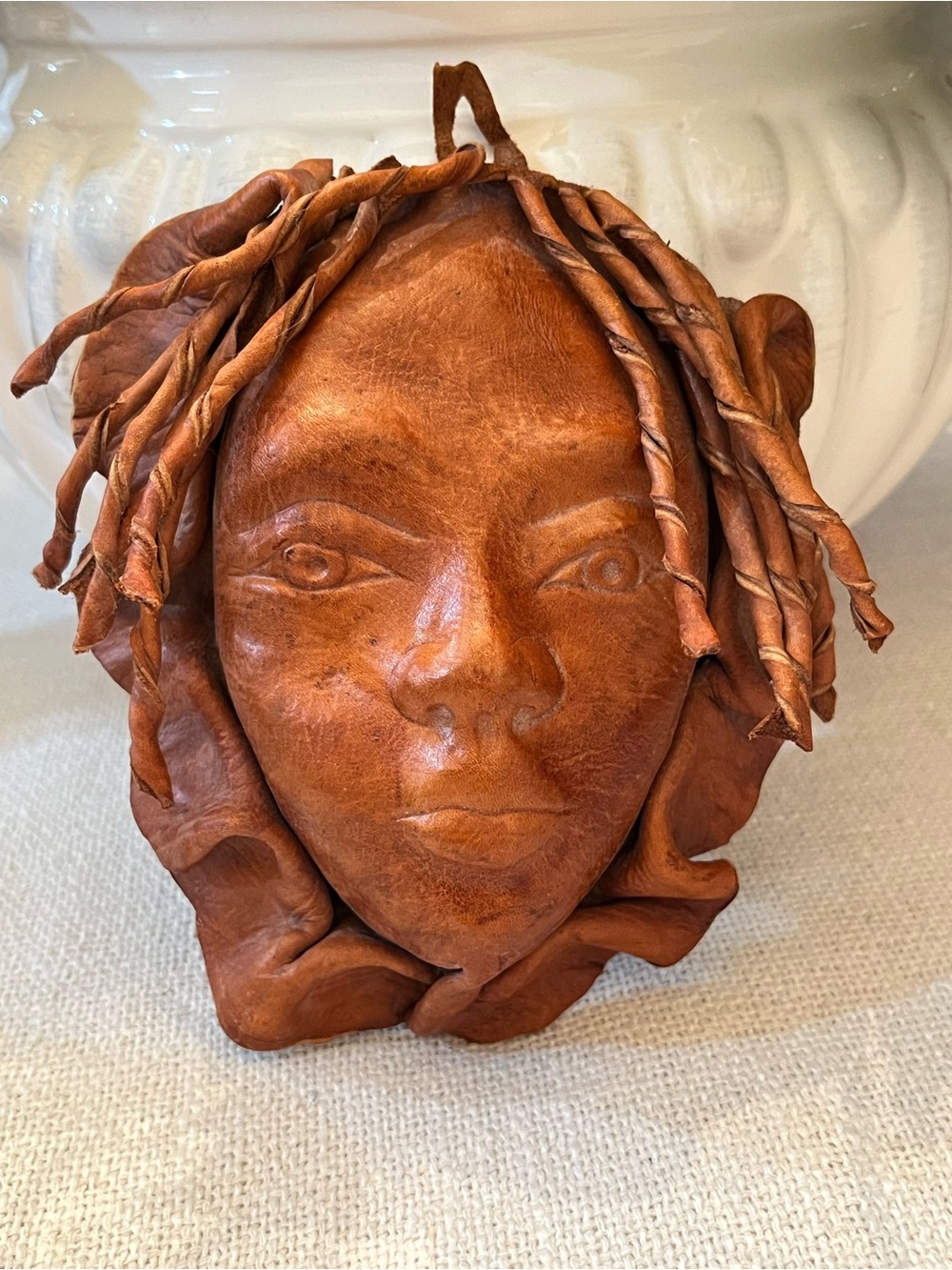 Vintage Leather Hand Made Tribal Portrait Face Mask Art UnSigned Mystery Artist